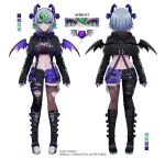  1girl artist_name boots breasts bsapricot_(vtuber) chain character_name choker color_guide commentary demon_girl demon_horns demon_wings english_commentary full_body fuumeh green_eyes green_hair hair_between_eyes highres horns looking_at_viewer medium_breasts midriff multiple_horns multiple_views navel panties reference_sheet short_hair simple_background single_thighhigh slit_pupils spiked_choker spikes thighhighs torn_clothes underwear virtual_youtuber vshojo watermark white_background wings 