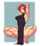  1girl abs backless_dress backless_outfit black_dress breasts dress highres looking_at_viewer mruve3 muscular muscular_female no_panties red_eyes red_hair sideboob solo the_king_of_fighters thick_thighs thighs vanessa_(kof) 
