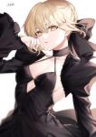  1girl artoria_pendragon_(fate) black_bow black_dress blonde_hair bow braid breasts cleavage commentary_request detached_sleeves dress fate/grand_order fate_(series) french_braid gothic_lolita hair_between_eyes hair_bow highres lolita_fashion looking_at_viewer pale_skin saber_alter short_hair signature simple_background small_breasts solo user_ufdk2254 white_background yellow_eyes 