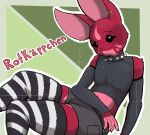  anthro armwear beheleaf belt bottomwear clothed clothing crop_top digital_media_(artwork) ear_piercing ear_ring elbow_gloves facial_tattoo femboy_prey footwear fur girly gloves goth handwear hi_res lagomorph legwear leporid looking_at_viewer male mammal pants piercing pink_body pink_fur rabbit red_body red_fur ring_piercing rotkappchen_(beheleaf) shirt shorts simple_background smile socks solo tattoo text thigh_highs topwear 