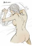  1girl absurdres ass breasts completely_nude dark_souls_(series) dark_souls_i dark_sun_gwyndolin from_above genderswap genderswap_(mtf) grey_hair highres large_breasts lying nude on_stomach pillow short_hair solo speech_bubble teeth translation_request zunkome 