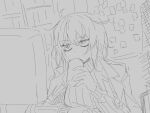  1girl bags_under_eyes commentary_request cup faust_(project_moon) greyscale hand_up highres indoors ivy_(675671) limbus_company monitor monochrome project_moon ribbed_sweater sitting sketch solo sticky_note sweater 