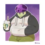  anthro belly beverage binca_233 bottomwear clothing coffee electronic_arts elemental_creature elemental_humanoid fume-shroom fungus hi_res hoodie humanoid male mushroom overweight overweight_male pants plant plants_vs._zombies popcap_games solo topwear 