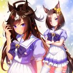  2girls ahoge air_groove_(umamusume) animal_ears blue_eyes blush bow bowtie brown_hair cowboy_shot crossed_legs duramente_(umamusume) frilled_skirt frills highres horse_ears horse_girl horse_tail horseshoe_ornament impossible_clothes impossible_shirt long_hair looking_at_viewer multicolored_hair multiple_girls pleated_skirt puffy_short_sleeves puffy_sleeves purple_bow purple_bowtie purple_serafuku purple_shirt sailor_collar sailor_shirt school_uniform serafuku shirt short_sleeves skirt smile streaked_hair sugimotty_nova tail tracen_school_uniform umamusume white_hair white_skirt 