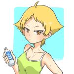  1girl blonde_hair bottle breasts brown_eyes camisole casual closed_mouth commentary erwin_(girls_und_panzer) frown girls_und_panzer green_camisole holding holding_bottle light_frown looking_at_viewer medium_breasts no_headwear pointy_hair sazukichi short_hair solo sweat twitter_username upper_body water_bottle 