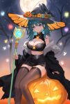  1girl alternate_costume bare_shoulders black_headwear black_jacket black_skirt black_thighhighs blue_eyes blue_hair breasts bug butterfly byleth_(female)_(fire_emblem) byleth_(fire_emblem) cleavage cleavage_cutout closed_mouth clothing_cutout commentary_request fire_emblem fire_emblem:_three_houses fur-trimmed_jacket fur_trim halloween halloween_costume hat highres holding holding_staff jack-o&#039;-lantern jacket large_breasts long_hair looking_at_viewer midriff moon night night_sky off_shoulder outdoors pumpkin sitting skirt sky solo staff thighhighs tree witch_hat yuurururun 