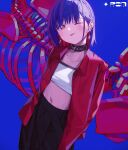  1girl absurdres alternate_costume arms_behind_back bandeau black_pants blue_background blue_eyes blue_hair blush character_name closed_mouth collar collarbone collared_shirt colored_inner_hair commentary cowboy_shot diamond_earrings dutch_angle earrings film_grain hair_behind_ear head_tilt highres jewelry kamitsubaki_studio light_smile long_hair long_sleeves midriff multicolored_eyes multicolored_hair navel open_clothes open_shirt pants red_eyes red_hair red_shirt rim_(kamitsubaki_studio) ryuuforkaf shirt sidelighting skeleton solo tongue tongue_out virtual_youtuber white_bandeau yellow_pupils 