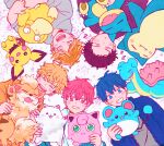  5boys bibibimix39 black_hair blonde_hair blue_eyes blue_hair blush character_request closed_eyes dog given green_eyes kashima_hiiragi_(given) kedama_(given) male_focus multiple_boys open_mouth pokemon red_eyes red_hair satou_mafuyu sleeping smile sparkle_background uenoyama_ritsuka white_background white_dog yagi_shizusumi_(given) yoshida_yuki_(given) 