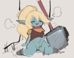  blonde_hair blue_body bottomless clothed clothing eyes_closed female genitals hair hammer hatsumiilkshake humanoid humanoid_pointy_ears league_of_legends masturbation open_mouth open_smile poppy_(lol) pussy riot_games smile solo tools vaginal vaginal_masturbation yordle 