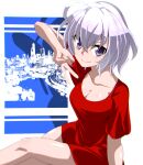  1girl ahoge blush breasts cleavage closed_mouth collarbone highres large_breasts looking_at_viewer purple_eyes red_shirt red_sweater senki_zesshou_symphogear shirt short_hair smile solo sweater tanashi_(mk2) v white_hair yukine_chris 