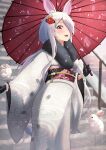  1girl absurdres animal animal_ears blush chinese_zodiac day flower fur_collar furisode hair_flower hair_ornament hair_over_one_eye highres holding holding_umbrella japanese_clothes kimono long_hair looking_at_viewer new_year obi oil-paper_umbrella open_mouth original outdoors pink_eyes potemaka rabbit rabbit_ears rabbit_girl railing sash smile solo stairs umbrella very_long_hair white_hair year_of_the_rabbit 
