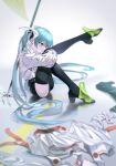  1girl absurdly_long_hair absurdres aqua_eyes aqua_hair black_shorts black_thighhighs blurry closed_mouth commentary depth_of_field flagpole full_body gloves hatsune_miku high_heels highres jacket leg_up long_hair long_sleeves racing_miku racing_miku_(2022) shirt_removed shorts sitting sjm9982 skirt skirt_removed solo thighhighs twintails very_long_hair vocaloid white_gloves white_jacket 