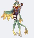  backpack bag bare_shoulders black_leotard black_sclera blonde_hair claws colored_sclera digitigrade dinosaur_girl dinosaur_tail feathered_dinosaur feathered_wings feathers full_body goggles goggles_on_head gradient_hair green_feathers green_hair harpy high_ponytail highleg highleg_leotard highres leotard long_hair monster_girl monster_girl_island multicolored_hair pinna_(monster_girl_island) red_scarf redamz scarf sharp_teeth simple_background smile spyglass swept_bangs tail tail_feathers talons teeth thigh_pouch thigh_strap winged_arms wings yellow_eyes yellow_feathers 