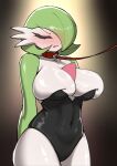  1girl absurdres arms_behind_back bare_shoulders black_leotard blush bob_cut breasts cleavage closed_eyes collar collarbone colored_skin commentary covered_navel cowboy_shot embarrassed gardevoir gradient_background green_hair green_skin hair_over_one_eye highres kora574 large_breasts leash leotard multicolored_skin nose_blush one_eye_covered open_mouth personification pokemon pokemon_(creature) shiny_skin short_hair shy simple_background skindentation solo standing strapless strapless_leotard thick_thighs thighs two-tone_skin u_u v-shaped_eyebrows white_skin yellow_background 