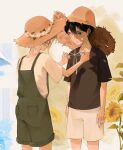  2boys basil_(omori) black_eyes black_hair black_shirt blonde_hair closed_mouth expressionless flower green_overalls hat highres multiple_boys nomurai omori shirt short_hair short_sleeves shorts skirt spoilers straw_hat sunflower sunny_(omori) white_shorts white_skirt 