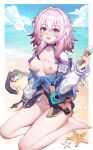  1girl @_@ barefoot beach blue_eyes blue_sky blush breasts breasts_out camera cloud day feet fingerless_gloves food gloves hair_between_eyes highres holding_ice_cream honkai:_star_rail honkai_(series) ice_cream long_hair long_sleeves looking_at_viewer march_7th_(honkai:_star_rail) medium_breasts multicolored_eyes open_mouth outdoors pink_hair pom-pom_(honkai:_star_rail) purple_eyes pussy pussy_peek sand shirt single_fingerless_glove sitting sky spoken_blush starfish wangzili_shitoumen water white_shirt 