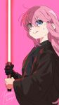  1girl absurdres blue_eyes blush bocchi_the_rock! energy_sword gloves gotoh_hitori highres holding_lightsaber lightsaber long_hair looking_at_viewer pink_background pink_hair red_lightsaber simple_background single_glove sith smile solo star_wars sword tongue tongue_out weapon zetsuyo_chimayo 