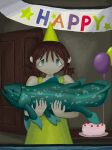  ambiguous_gender balloon birthday birthday_cake cake clothed clothing coelacanth dessert dress duo female feral fish food hi_res holding_fish human inflatable lobe-finned_fish mammal marine mimill3 