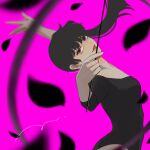  1girl black_hair gymnastics gymnastics_ribbon higa_(72works) highres kunou_kodachi leotard lips long_hair looking_at_viewer petals pink_background ponytail purple_eyes ranma_1/2 red_lips rhythmic_gymnastics shaft_look simple_background solo 