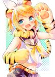  1girl :d animal_ears animal_hands animal_print arm_up belt black_pantyhose black_sailor_collar blonde_hair blush bow breasts crop_top crop_top_overhang dotted_background earphones fang fur_collar gloves green_eyes hair_bow hair_ornament hairclip hand_up kagamine_rin looking_at_viewer mani_(second-dimension) midriff musical_note navel neckerchief open_mouth pantyhose paw_gloves pawpads sailor_collar shirt short_hair simple_background sleeveless sleeveless_shirt small_breasts smile swept_bangs tail tail_raised tiger_ears tiger_print tiger_stripes tiger_tail upper_body v-shaped_eyebrows vocaloid white_bow white_shirt yellow_belt yellow_neckerchief 