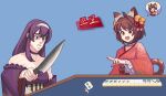  2girls absurdres animal_ears bell blue_background breasts brown_hair cat_ears cat_girl commentary_request daisangen fang flat_chest hair_bell hair_ornament hair_ribbon hairband highres holding holding_knife ichihime japanese_clothes jingle_bell kimono kitchen_knife knife korean_commentary long_hair long_sleeves mahjong mahjong_soul mahjong_table mahjong_tile medium_bangs medium_breasts meme middle_finger multiple_girls nikaidou_miki obi off_shoulder open_mouth parody pink_kimono purple_hair purple_kimono red_eyes red_ribbon ribbon sash shaded_face short_hair simple_background smile table tsukiji_uogashi_sandaime upper_body v-shaped_eyebrows white_hairband wide-eyed wide_sleeves zorago 