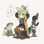  1boy 1girl animal_ears black_dress black_hair breloom brown_thighhighs capelet carotinoid001 collei_(genshin_impact) commentary_request dress fox_ears green_capelet green_hair holding holding_mushroom mushroom open_mouth pokemon pokemon_(creature) purple_eyes sitting_on_tree_stump sprigatito sweat thighhighs tighnari_(genshin_impact) 