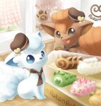  alolan_vulpix artist_name blue_eyes brown_eyes brown_headwear brown_neckerchief cake display_case food food_art hands_up hat highres neckerchief open_mouth pokemon pokemon_(creature) poster_(object) sasabunecafe sitting swiss_roll twitter_username vulpix 