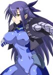  1girl blue_bodysuit bodysuit breasts corruption covered_navel dark_persona facial_mark fingerless_gloves gauntlets ginga_nakajima gloves hai_(h81908190) hair_ribbon inline_skates large_breasts long_hair looking_at_viewer lyrical_nanoha mahou_shoujo_lyrical_nanoha_strikers numbers&#039;_uniform numbers_(nanoha) purple_bodysuit purple_hair ribbon roller_skates single_fingerless_glove single_gauntlet skates skin_tight solo very_long_hair yellow_eyes 