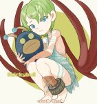  1girl anklet bare_shoulders barefoot blue_eyes body_markings breath_of_fire breath_of_fire_v closed_mouth dress green_hair grey_dress jewelry nina_(breath_of_fire_v) red_wings short_hair sicky_(pit-bull) solo squatting twitter_username wings 