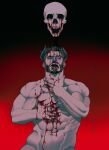  1boy abs akumicke bara beard blood blood_on_face blood_on_hands completely_nude corruption demon_boy demon_horns drinking_blood earrings facial_hair glowing glowing_eye gradient_background hand_on_own_neck hands_up highres horns horror_(theme) injury jewelry large_pectorals male_focus mature_male muscular muscular_male mustache navel navel_hair nude one_eye_closed original out-of-frame_censoring pectorals piercing purple_eyes red_background scratching short_hair skull solo sparse_navel_hair stomach tearing_up tears thick_eyebrows tongue_piercing veins veiny_arms 