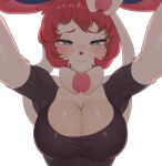  absurd_res anthro blue_eyes blush breasts clothed clothing eeveelution female generation_6_pokemon hi_res looking_at_viewer nintendo pink_body pokemon pokemon_(species) pokemorph simple_background solo sylveon white_background white_body yawar 