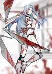  1girl all-around_helper angela_(project_moon) blade blood blood_in_hair blood_on_clothes blood_on_face blood_on_weapon blood_splatter blue_hair bodysuit e.g.o_(project_moon) highres joints library_of_ruina long_hair nishikujic one_side_up pale_skin parted_bangs project_moon red_eyes robot_ears sidelocks solo very_long_hair weapon white_bodysuit 