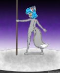  absurd_res anthro balls blossomblaze blue_hair butt canid canine dancing fan_character fox freckles genitals hair hi_res humanoid long_tail looking_at_viewer looking_back looking_back_at_viewer male mammal nude pole pole_dancing pose rear_view short_hair solo spread_arms spread_legs spreading stage tail tongue tongue_out wintale yellow_eyes 