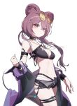  1girl absurdres animal_ears arknights beudelb bikini black_bikini black_shorts breasts cleavage eyewear_on_head hair_ornament hairclip highres jacket lin_(arknights) long_hair looking_at_viewer medium_breasts mouse_ears mouse_girl off_shoulder open_clothes open_fly open_jacket pink_eyes pink_hair purple_jacket short_shorts shorts simple_background solo star_(symbol) star_hair_ornament sunglasses swimsuit tinted_eyewear white_background yellow-tinted_eyewear 