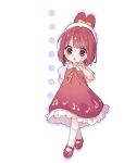  1girl arima_kana asa_yuki523 beret blush bob_cut child dress full_body hat hat_ribbon highres inverted_bob my_melody open_mouth oshi_no_ko red_dress red_eyes red_footwear red_hair ribbon short_hair simple_background solo white_background yellow_ribbon 