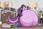  anthro awoogasm belly beverage big_belly bodily_noises clothing digital_media_(artwork) dragon drinking duo english_text hi_res horn inflation male muscular muscular_anthro muscular_male navel onomatopoeia overweight purple_body rumbling_stomach soda sound_effects text vox_(awoogasm) warehouse 
