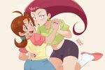  2girls :d absurdres ahoge artist_name bike_shorts black_shorts blue_eyes blush brown_eyes brown_hair crop_top delia_ketchum earrings green_shirt highres holding_hands jessie_(pokemon) jewelry kiana_mai lipstick lipstick_mark lipstick_mark_on_face looking_at_viewer makeup midriff multiple_girls pink_footwear pink_shirt pokemon pokemon_(anime) red_hair red_nails shirt short_sleeves shorts simple_background slippers smile socks t-shirt two-tone_shirt white_socks yellow_shirt yuri 