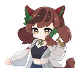  1girl :o animal_ears black_camisole blue_pants blush bow brown_eyes brown_hair camisole chibi commentary ear_bow green_bow green_ribbon hand_up highres holding holding_paintbrush horse_ears horse_girl horse_tail jacket long_hair long_sleeves looking_at_viewer multicolored_hair navel neck_ribbon nice_nature_(umamusume) nozo_(hitomiz) open_clothes open_jacket paint_on_clothes paint_splatter paint_splatter_on_face paintbrush pants parted_lips puffy_long_sleeves puffy_sleeves ribbon see-through see-through_sleeves simple_background solo streaked_hair symbol-only_commentary tail twintails umamusume white_background 