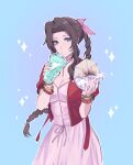  1girl aerith_gainsborough blue_background bow bracelet braid braided_ponytail breasts brown_hair cleavage commentary cup disposable_cup dress drinking_straw english_commentary eyelashes feet_out_of_frame final_fantasy final_fantasy_vii food green_eyes hair_bow hands_up highres holding jacket jewelry kivavis long_hair looking_at_viewer medium_breasts necklace open_clothes open_jacket parted_bangs pink_bow pink_dress red_jacket short_sleeves simple_background soda solo sparkle taco_bell unzipped 