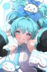  1girl absurdres aqua_hair arms_up bare_shoulders blue_bow blue_eyes blue_necktie bow cinnamiku cinnamoroll grin hair_bow hair_ornament hatsune_miku highres kyktsu necktie one_eye_closed sanrio smile solo updo vocaloid 