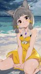  1girl bare_arms bare_shoulders barefoot beach blush breasts brown_eyes cleavage closed_mouth collarbone commentary_request day dress facial_mark gbbgb321 grey_hair head_tilt highres horizon looking_at_viewer nia_(fancy_sundress)_(xenoblade) nia_(xenoblade) ocean on_ground outdoors sand sleeveless sleeveless_dress small_breasts smile solo water whisker_markings xenoblade_chronicles_(series) xenoblade_chronicles_2 yellow_dress 