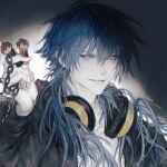  1boy black_hoodie blue_hair chain character_doll dramatical_murder grey_background headphones headphones_around_neck highres hood hood_down hoodie long_hair looking_at_viewer male_focus mizuki_(dramatical_murder) multicolored_background seragaki_aoba shinome_(xm_nome) shirt solo teeth twitter_username white_background white_shirt yellow_eyes 