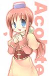  1girl 2000s_(style) :d acolyte_(ragnarok_online) bangs biretta blue_eyes blush breasts brown_capelet brown_shirt brown_skirt capelet character_name commentary_request cowboy_shot emurin heart interlocked_fingers long_hair long_sleeves looking_at_viewer low_ponytail open_mouth outline own_hands_together pink_hair pink_outline ragnarok_online shirt simple_background skirt small_breasts smile solo white_background 
