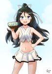  1girl adapted_costume akashieru artist_logo artist_name black_hair blue_eyes blue_sky cloud contrapposto crop_top feeding hair_ribbon hand_on_own_hip highres ice_cream_bar kantai_collection katsuragi_(kancolle) long_hair midriff navel pleated_skirt ponytail pov ribbon shirt skirt sky sleeveless sleeveless_shirt solo white_shirt white_skirt 