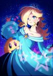  1girl absurdres aqua_dress bare_shoulders blonde_hair blue_eyes blush brooch chromatic_aberration collarbone crown dress earrings highres holding holding_wand jewelry komekome_chonpa long_hair long_sleeves luma_(mario) mario_(series) off-shoulder_dress off_shoulder rosalina sky smile star_(sky) star_(symbol) star_brooch star_earrings star_wand starry_background starry_sky super_mario_galaxy wand 