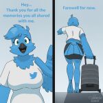  2023 anthro avian bird blue_body bodily_fluids bottomwear clothed clothing comic dialogue feathered_tail feathers female gesture green_eyes hi_res meme sammfeatblueheart shirt shorts signature solo suitcase t-shirt tail talking_to_viewer tears topwear tweetfur twitter walking_away waving waving_at_viewer winged_arms wings 