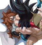  1boy 1girl android_21 ass back black_hair black_pantyhose blue_eyes blush breasts clothed_female_nude_male dragon_ball dragon_ball_fighterz dress earrings english_commentary eyelashes from_above glasses hetero high_heels highres jewelry lab_coat large_breasts legs_up long_hair messy_hair muscular muscular_male nail_polish nipples nude open_mouth pantyhose red_hair ryan_domonica sex shoes son_goku testicles thick_thighs thighs tongue veins 