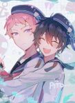  2boys anchor_symbol black_hair black_headwear closed_mouth colored_eyelashes commentary ensemble_stars! hair_between_eyes heart highres itsuki_shu kagehira_mika long_sleeves male_focus multiple_boys neckerchief open_mouth pink_hair purple_eyes red_neckerchief sailor_collar short_bangs short_hair smile symbol-only_commentary teeth tirutiru_bee upper_body upper_teeth_only valkyrie_(ensemble_stars!) 