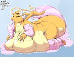  2018 anthro belly belly_inflation big_belly big_breasts breasts clothing ditto_(pokemon) dragonite eyes_closed female garuda_six generation_1_pokemon huge_breasts hurikata_judodo inflation legwear lingerie looking_pleasured nintendo obese overweight pokemon pokemon_(species) solo tail thick_tail thigh_highs tongue tongue_out 