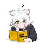  1girl ? absurdres ahoge animal_ears black_nails book closed_mouth double-parted_bangs glasses green_eyes highres holding holding_book looking_away open_book original reading short_hair simple_background solo vertigris white-framed_eyewear white_background white_hair 